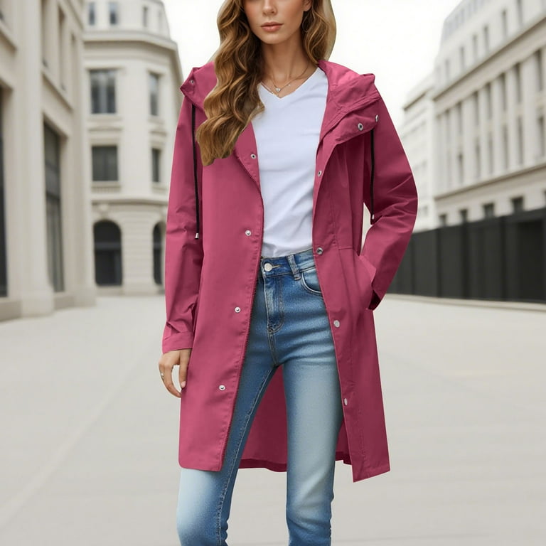 UPPADA Raincoat Women Waterproof Long Hooded Trench Coats Button