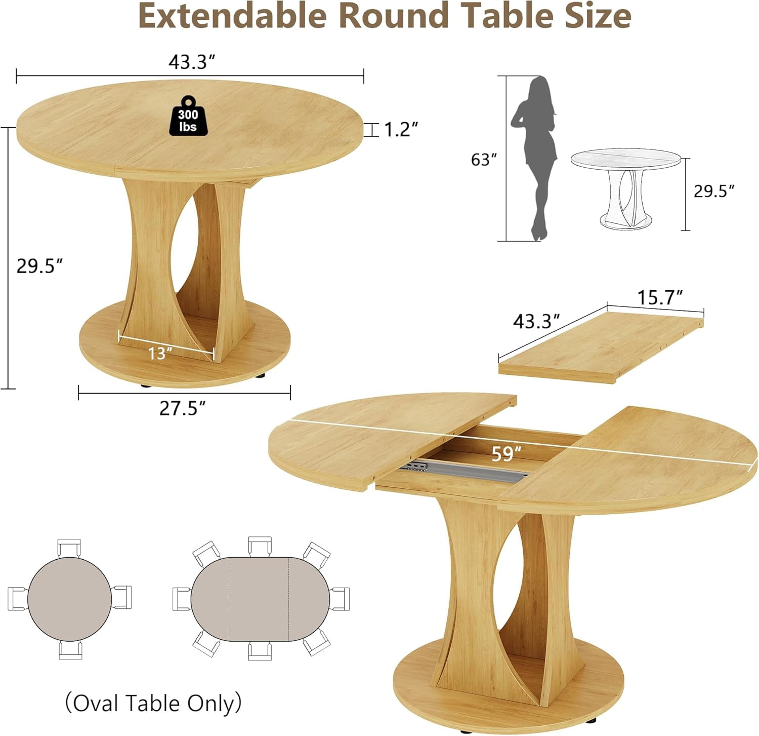 Virans 43.3"-59" Extendable Round Dining Table for 6-8,Kitchen Table with MDF,Modern Dinner Table for Dining Rooms,Living Rooms,Natrual