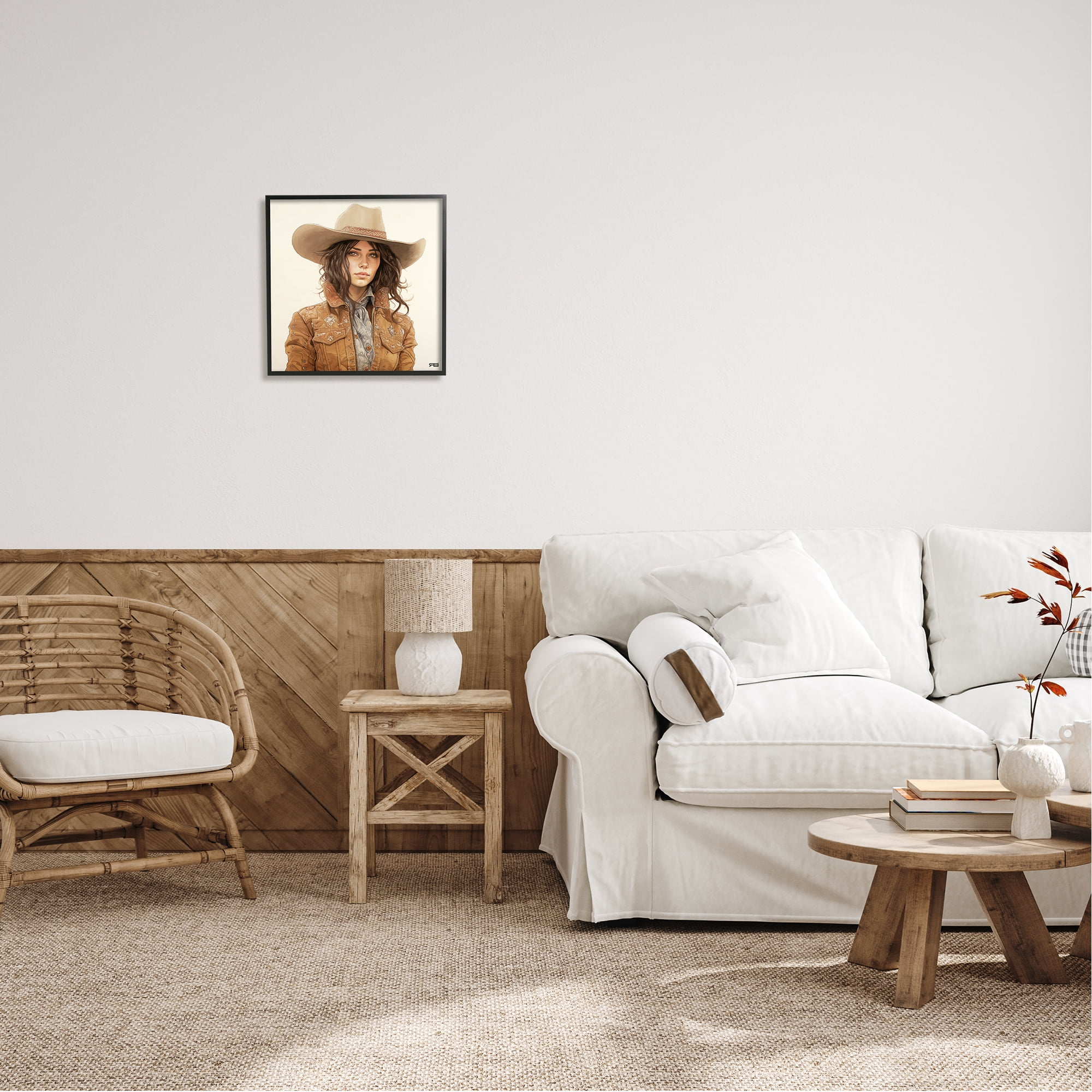 Stupell Industries Boho Cowgirl on Beige Abstract Painting Black Framed Art Print Wall Art, 17 x 17