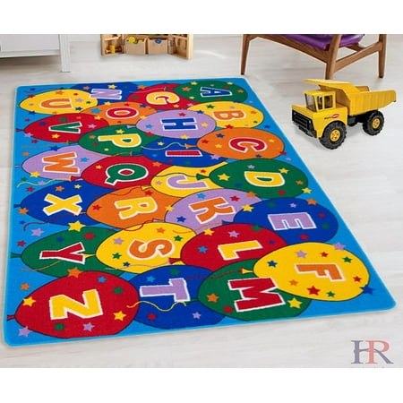 - Teaching ABC Balloons Party accent Kids Educational play mat For School/Classroom/Kids Room/Daycare/Nursery Non-Slip Gel Back Rug Carpet-(3 by 5 feet)