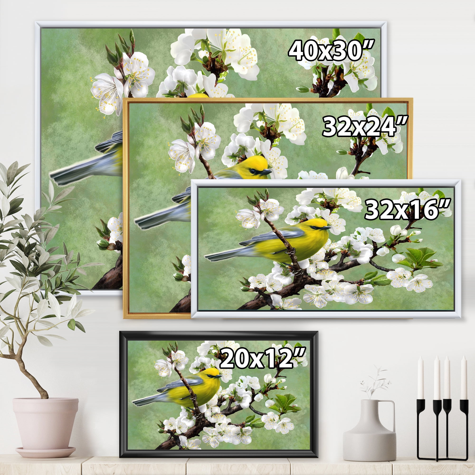 Designart 'Bird Sitting On A Branch of Cherry' Traditional Framed Canvas Wall Art Print