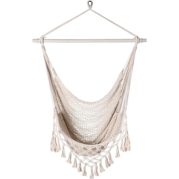 Handwoven Cotton Rope Hammock Chair with Metal Spreader Bar, Boho Hanging Chair Bedroom, Indoor Outdoor Swing Chair with , SandyBeach White
