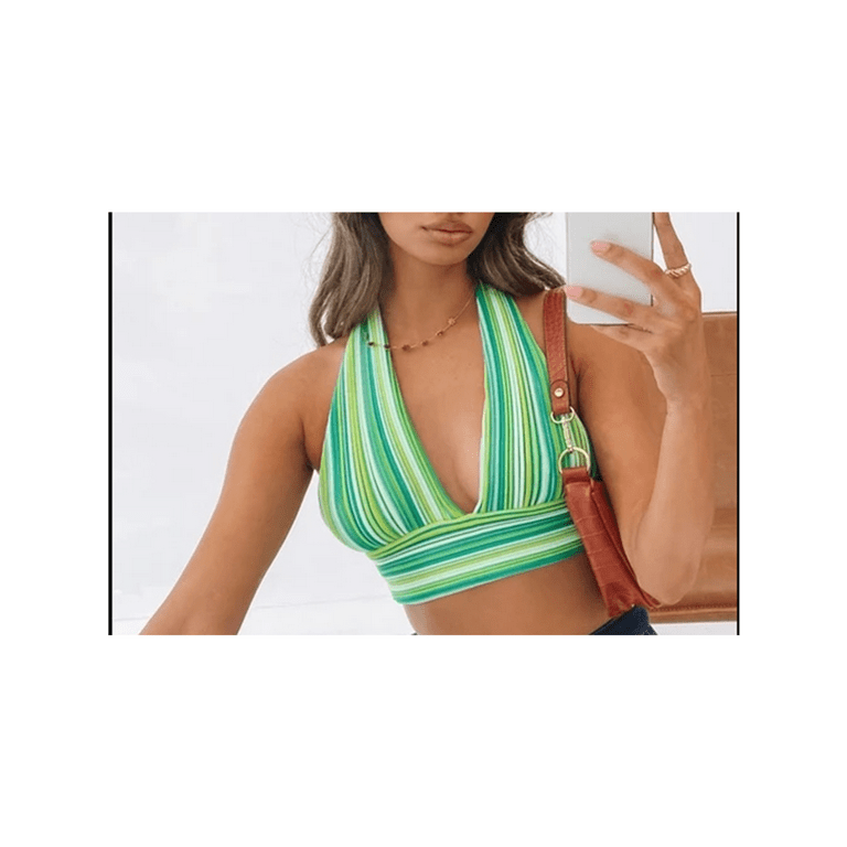 Halter Crop Top for Women Built in Bra, Adults Sexy Sleeveless Backless Tie  Up Striped V-Neck Tops 