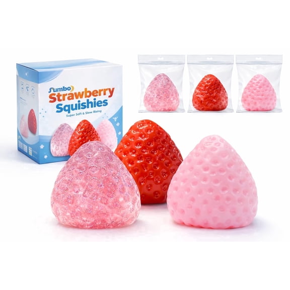 Big Taba Squishies Strawberry, Cute Kawaii Fruit Squeeze Toy, Slow Rising Stress Relief Fidget, Clear Sensory Squishy for Kids, Teens, Boys & Girls (3pcs)