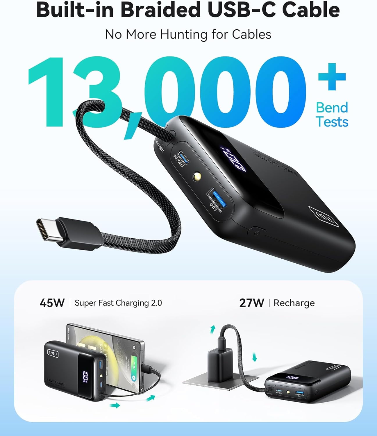 20000mAh Power Bank, Sm Portable Charger, 45W PD Fast Charging Battery Pack with Build in USB-C Cable, Travel Phone Charger for iPhone 17 16 15 14 13 Air S25 S24 Google iPad Xiaomi etc