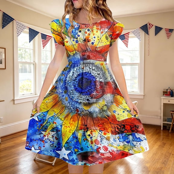 Girls Summer Sundress A-Line Patriotic Sunflower Print Sleeveless Casual 4th of July Dress for Kids,Size 13-14 T