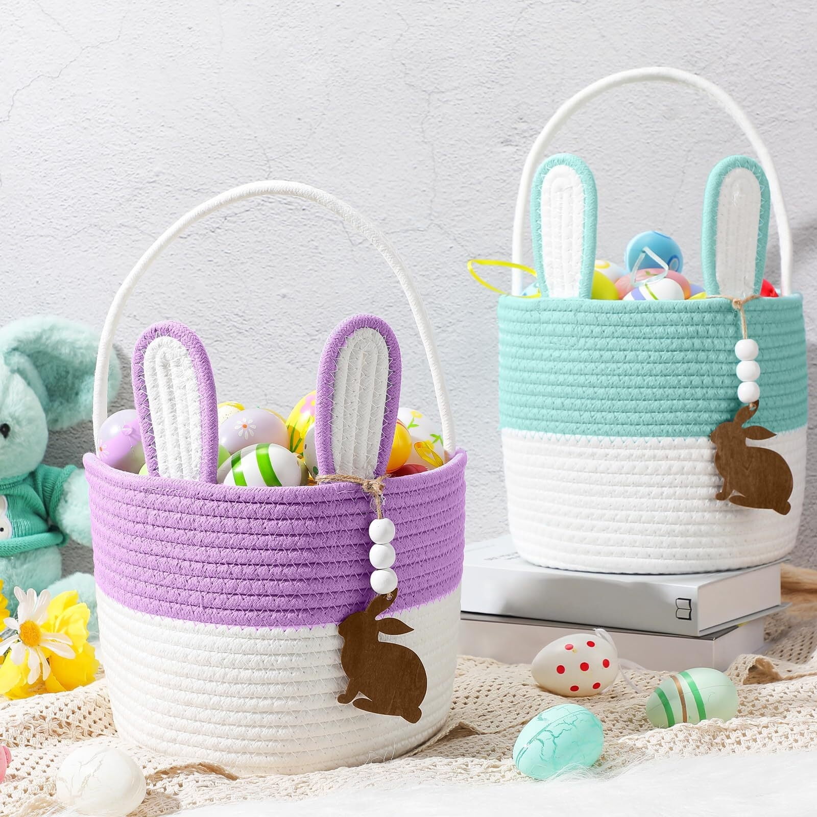 Easter Bunny Basket for Kids, Set of 2 Rabbit Ear Easter Basket with Rabbit Wood Bead Tags, Egg Hunt Bucket for Girls Boys(Yellow White)