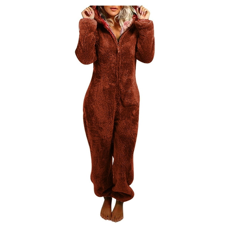 Women Onesies Pajamas Plus Size Fluffy Fleece Hooded Jumpsuits Sleepwear  Winter Warm Zipper Pajamas Homewear 