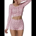 thumbnail image 3 of Conjuntos de Pijama para Mujer con Top Corto de Larga y Pantalones Cortos de Tiro Bajo con Ribete de Encaje y Estampado Floral Ditsy Rosa XL, 3 of 7