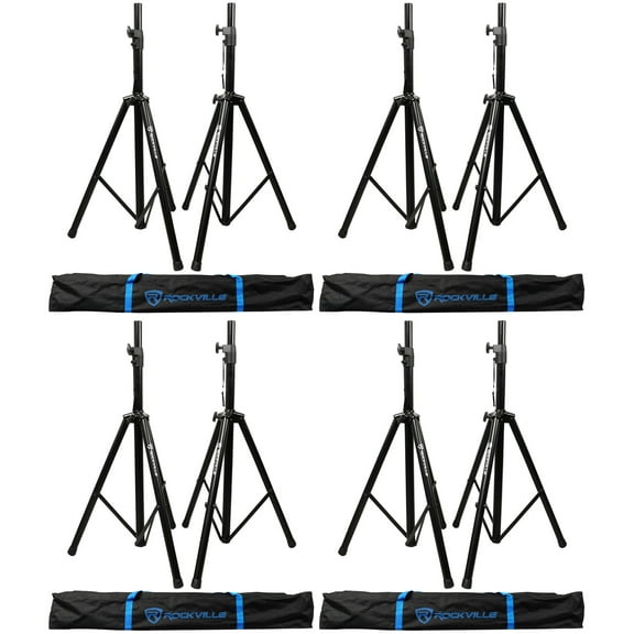 (4) Pairs Rockville Tripod DJ PA Speaker Stands Carrying Cases - 8 Stands Total
