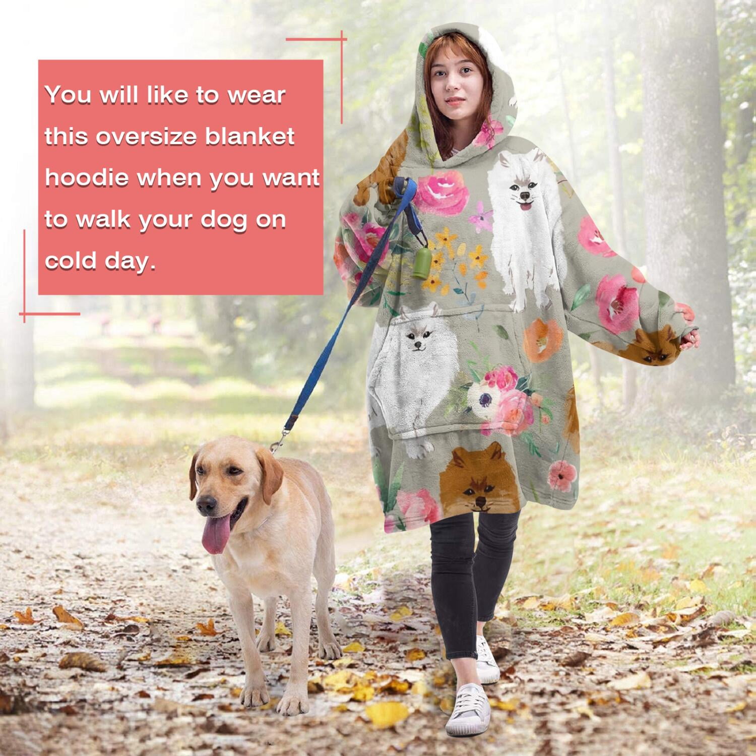 Pomeranian Dog and Flower Floral Wearable Oversized Blanket,Wearable Blanket Hoodie for Adults,Cozy Hooded Blankets with Super Pockets,Super Warm Fuzzy Pullover for Women & Men