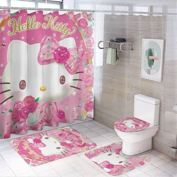 4 Piece Shower Curtain Set with Rugs Hello Kitty Shower Curtain Bathroom Sets Decor Waterproof