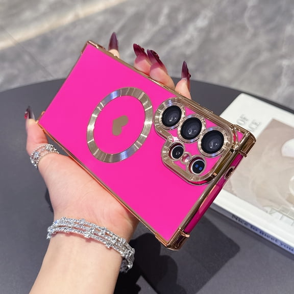 Magnetic Case for Samsung Galaxy S26 Ultra, Women Girls Luxury Plating Cute Love Heart Slim Lightweight Cover Full Camera Lens Protection Compatible with MagSafe Case for Galaxy S26 Ultra, Rose