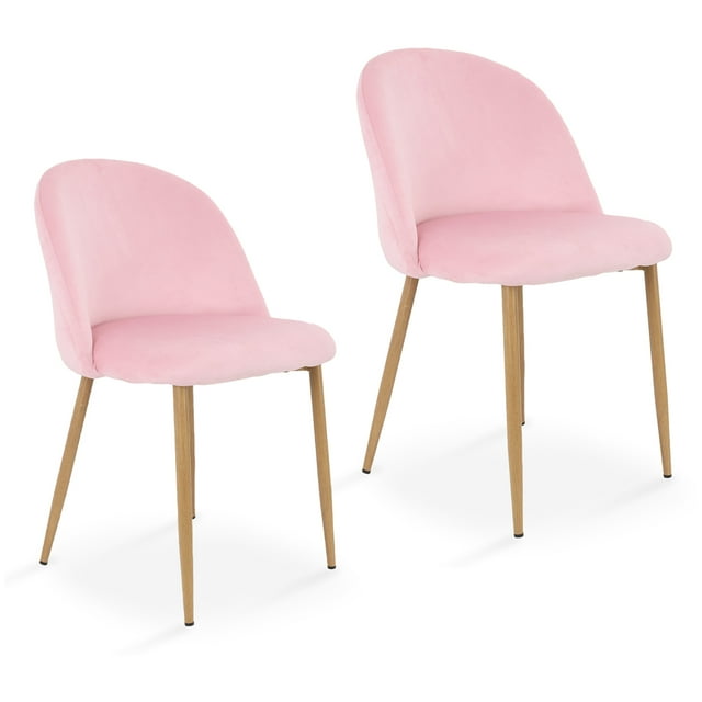 Sillas de Comedor de Terciopelo con Patas de Acero Acabado Tipo Madera Estilo Moderno - Sillas de Comedor Tapizadas Minimalista con Relleno Suave Set 2 Piezas Rosa