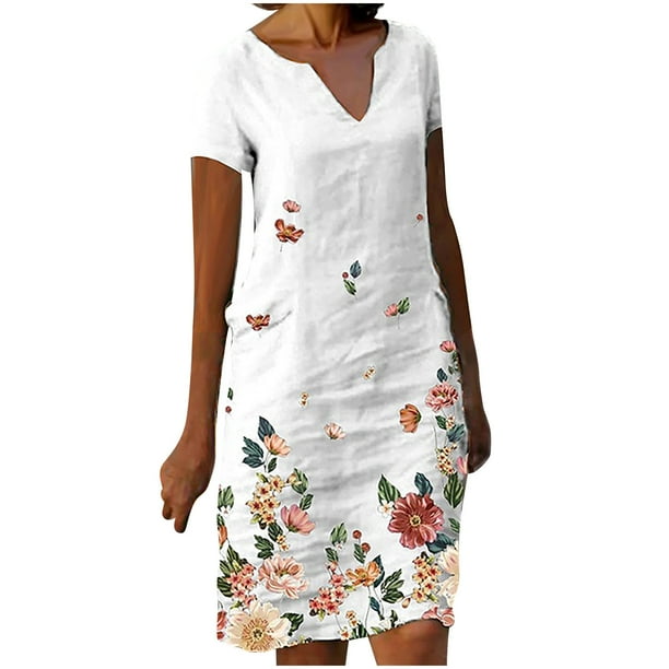 Vestidos de manga corta para mujer Vestido de tirantes con estampado de flores a la moda Vestido con cuello en V hasta la rodilla Pompotops ghjkhdj16665