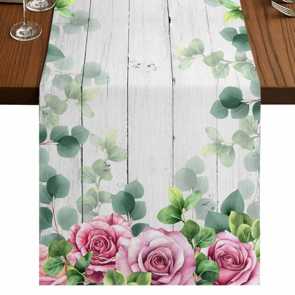 Table Runners 72 Inches Long Dress Scarves, Spring Pink Roses Farmhouse Kitchen/Dining Table Runner, Coffee Tablerunners, Pastoral Eucalyptus Leaves Gray Wooden 16x72 Inch
