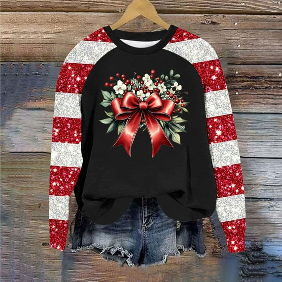 ZRGHAOYLQ Long Sleeve Sparkly Sequin Pullover Top Womens Fashion Christmas Bow Print Sweatshirt Christmas Crewneck Sweatshirts for Christmas Gifts Winter Raglan Sleeve Christmas Holiday Shirts Tops