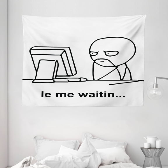 Humor Decor Tapestry, Stickman Meme Face Icon Looking at Computer Joyful Fun Caricature Comic Design, Wall Hanging for Bedroom Living Room Dorm Decor, 80W X 60L Inches, Black White, by Ambesonne