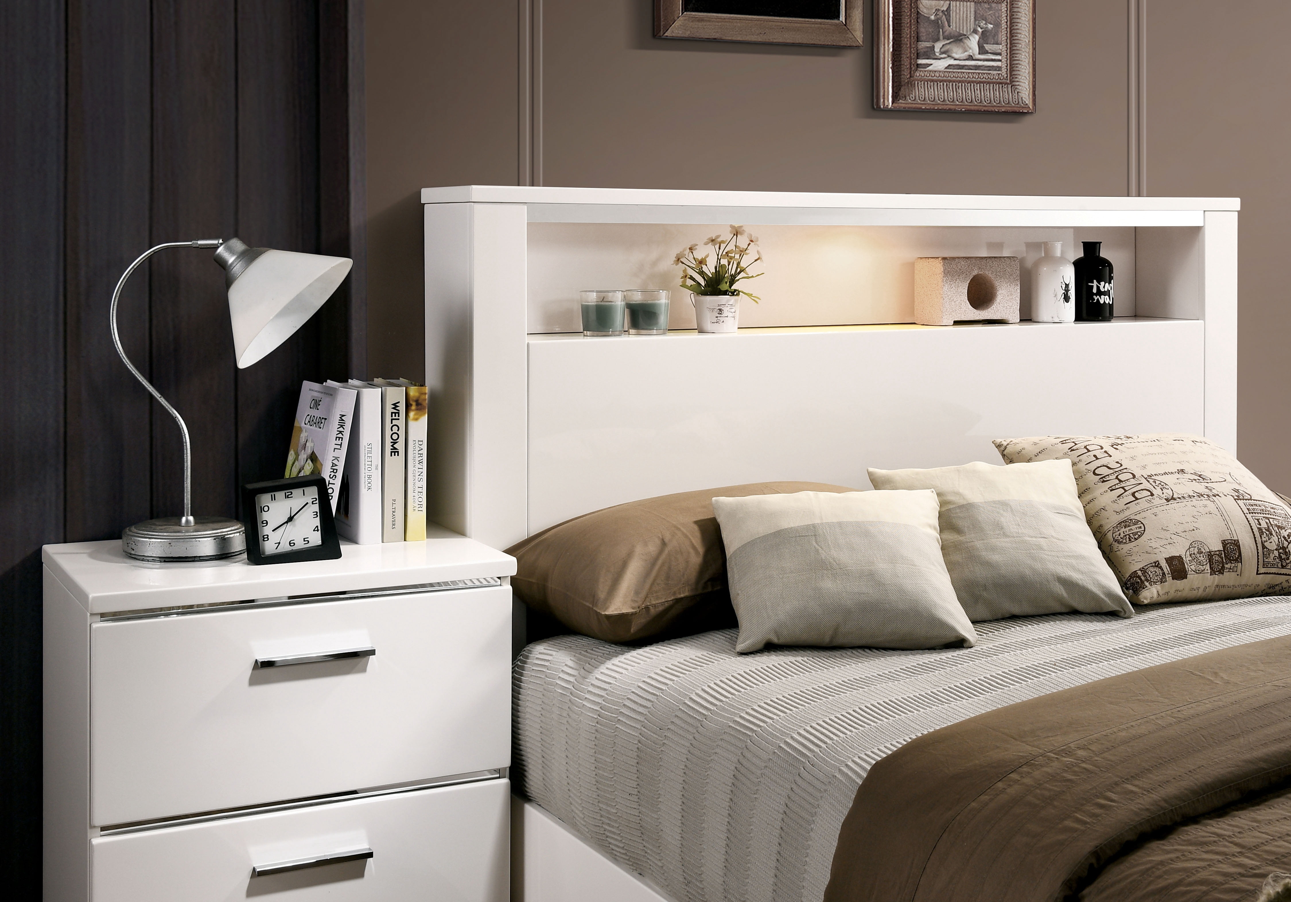 Furniture of America Quaker Contemporary Wood LED Panel Bed, Queen, White