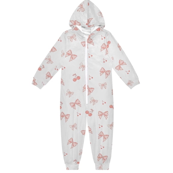 Pink Cherry Bow Tie Boys & Girls Hooded One-Piece Pajamas Warm Crystal velvet Hooded Long Sleeve Loungewear Jumpsuit Unisex