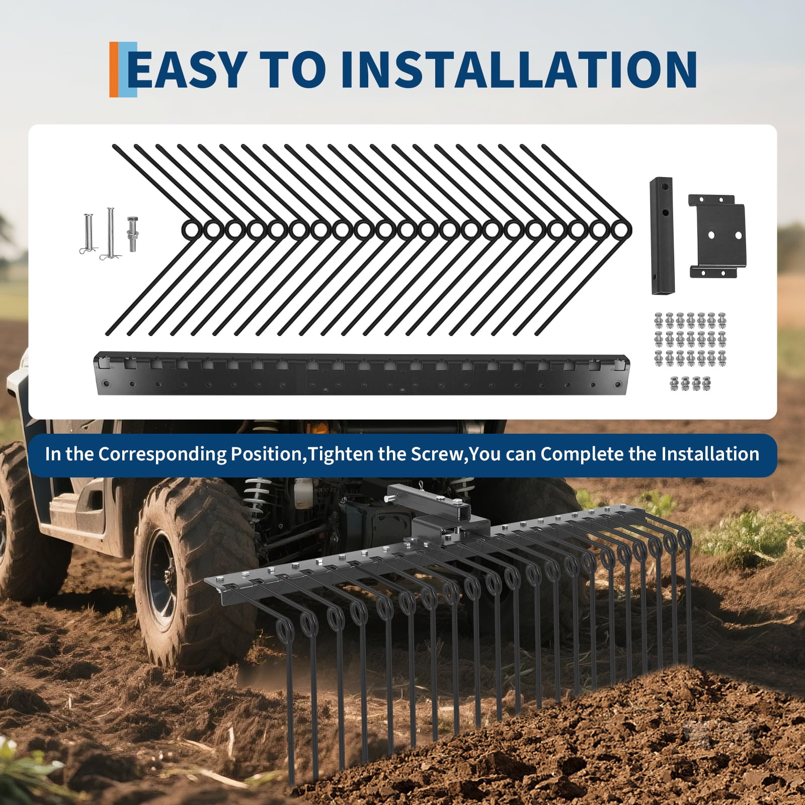 Heavy Duty Landscape Rake Attachment – 48 Inch Steel Pine Straw Rake with 20 Spring Steel Tines, Fits 2" Receiver for Lawn Tractor, ATV, UTV, Ideal for Yard Debris Cleanup | 48 inches | Xingqu sku