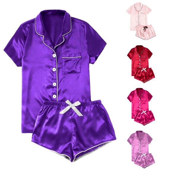 TinyBloomm Pajamas Dress for Women Women's Casual Solid Silk Satin Pajama Set Short Sleeve Button Up Top & Shorts Sleepwear, Size XXS