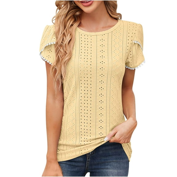 Besolor Going out Tops for Women Crewneck Petal Sleeve Eyelet Shirts Casual Solid Color Summer Tunic Blouse