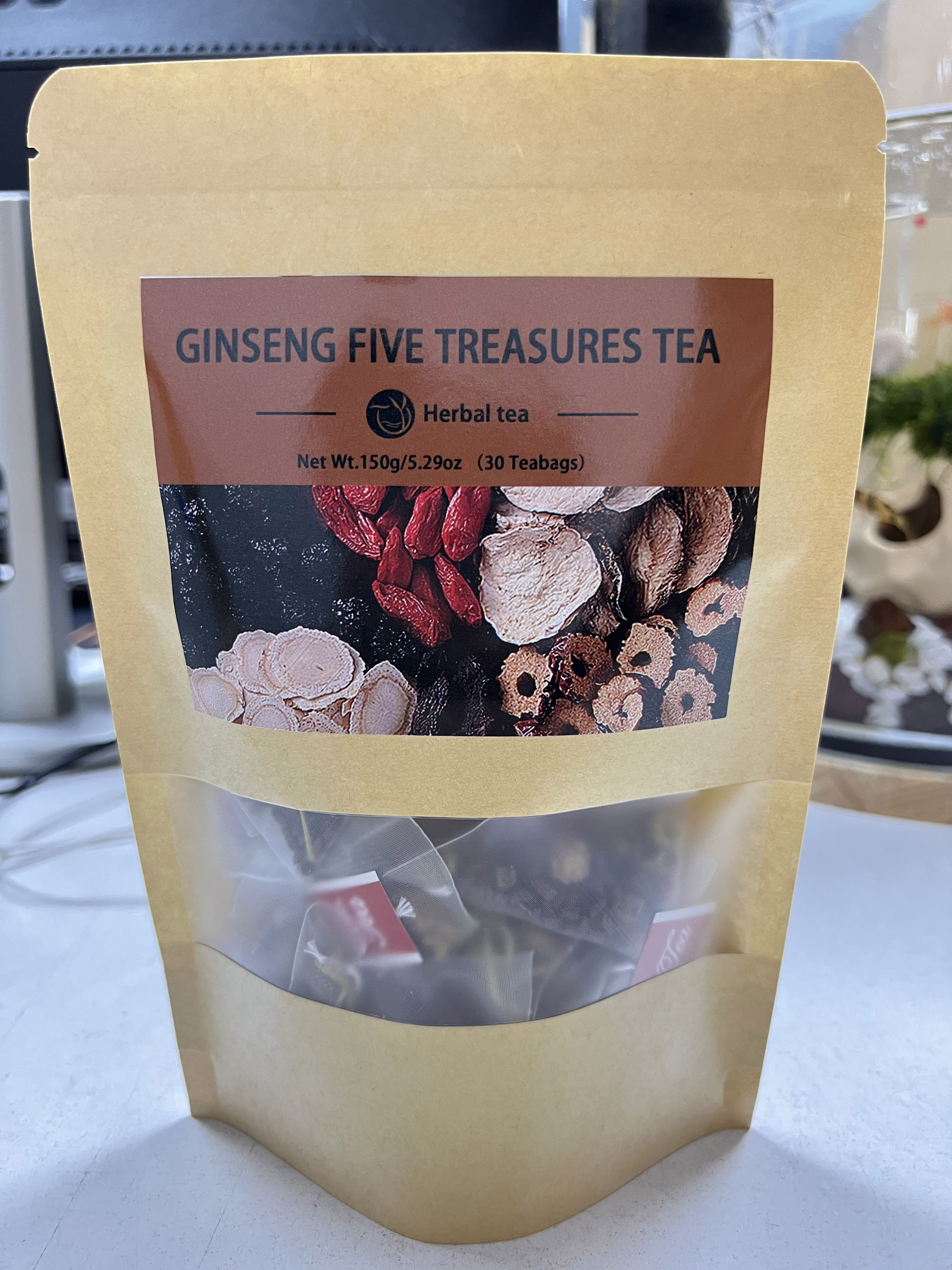 Ginseng Five Treasure Herbal Tea – Natural Kidney Support, Chinese Tisane (10 Bags)