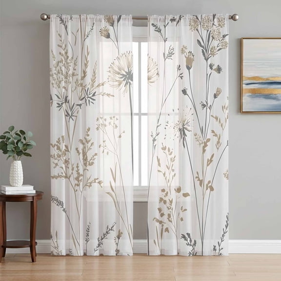 Vintage Floral Botanical Sheer Curtains 96 Inch Length 2 Panels Set, Watercolor Flower Voile Window Treatment Semi Sheer Long Curtains Drapes for Bedroom/Living Room/Kitchen 52"x96"x2