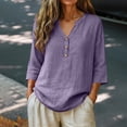 thumbnail image 2 of Womens Short Sleeve Tops Casual V Neck Button 3/4 Sleeve Linen Blouse Loose Fit Solid Color Tops for Summer, 2 of 6
