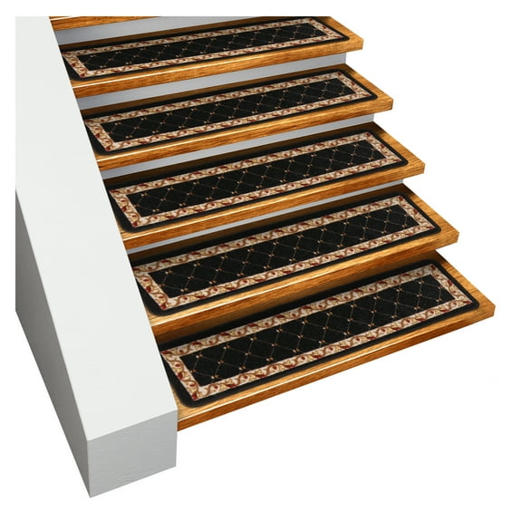 Set of 15 Skid-Resistant Carpet Stair Treads – Traditional Lattice with Floral Border – EBONY BLACK – 8 In. X 26 In.