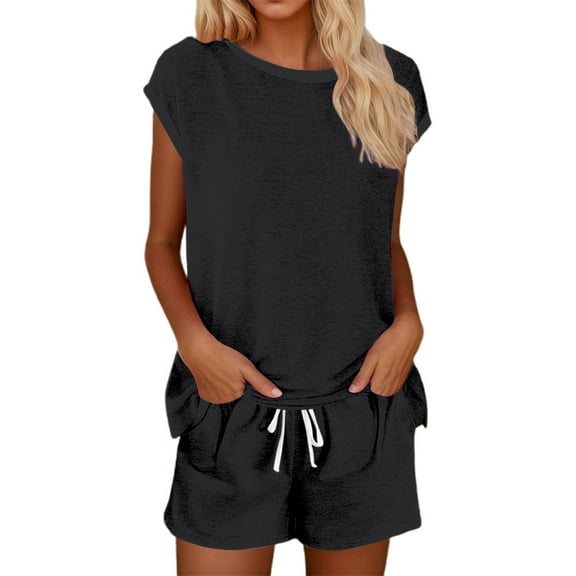 Shorts Set Daily Wear Short Sleeve Loose Fit Solid Tshirt Drawstring Shorts Casual Suit Summer Outfits For Women Black L