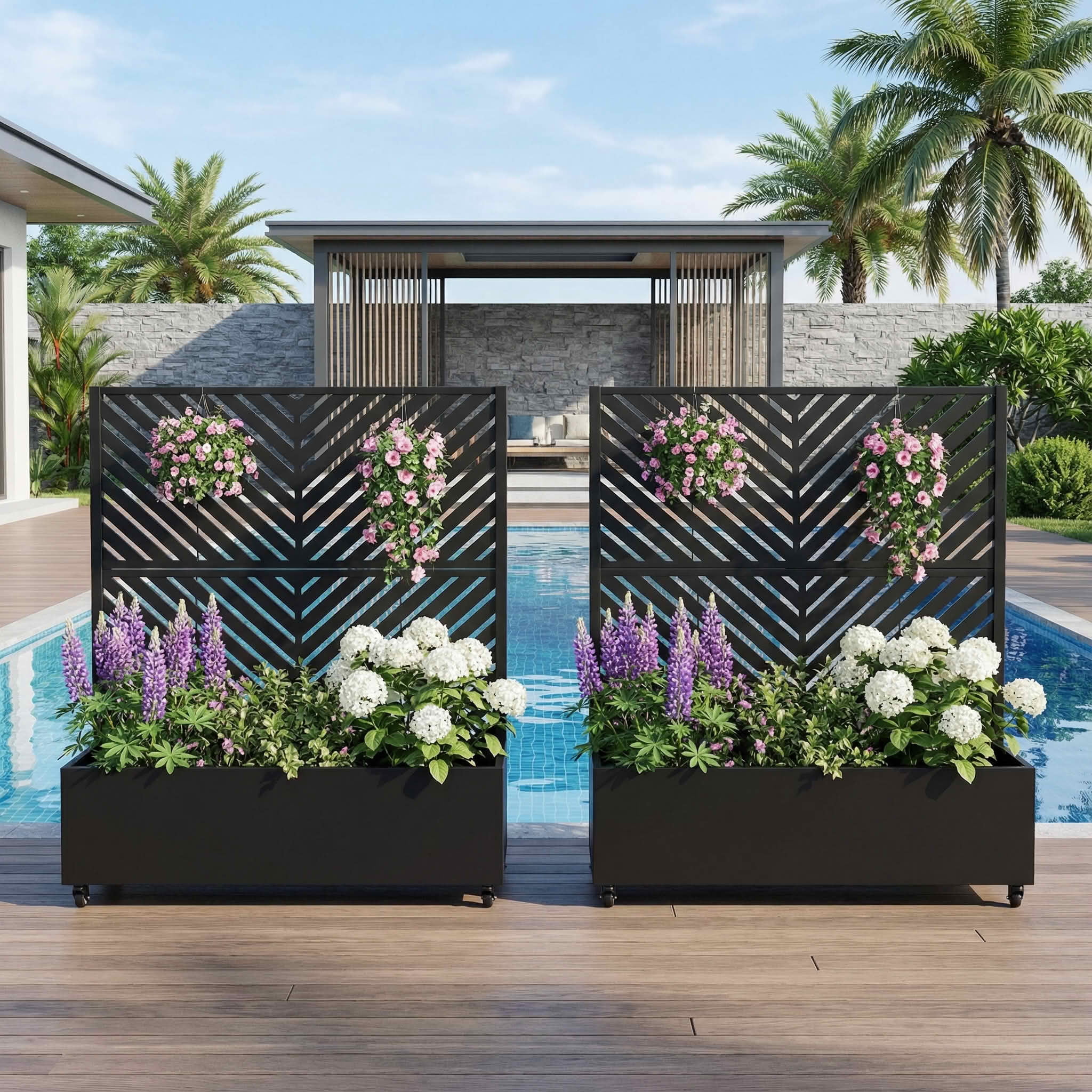 MAYEERTY 47X47" Metal Outdoor Black Privacy Screen with Planter Box for Backyard & Garden, 2 Piece Set, Double‑sided Installation
