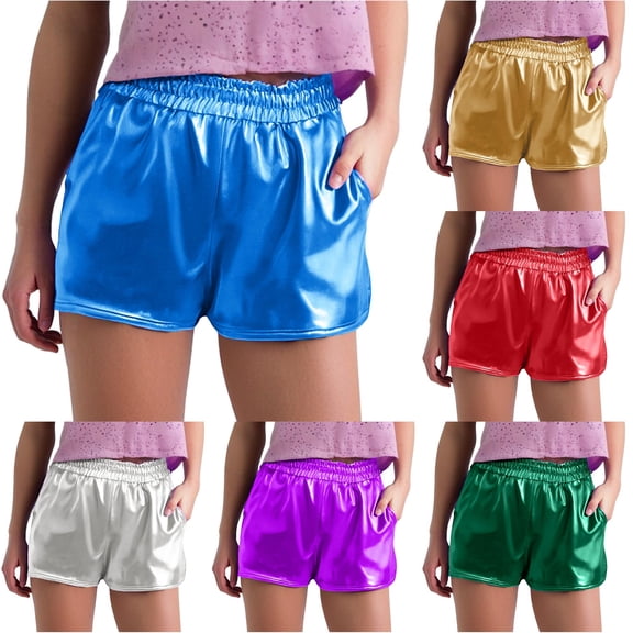 CAIVO Women Metallic Shorts Shiny Shorts With Elastic Waist Hot Rave Dance Simple Summer Outdoor Casual Solid Color Bottoms