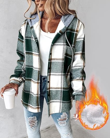 ChicMe Women's Plaid Hooded Shacket with Fleece Lining photo 2