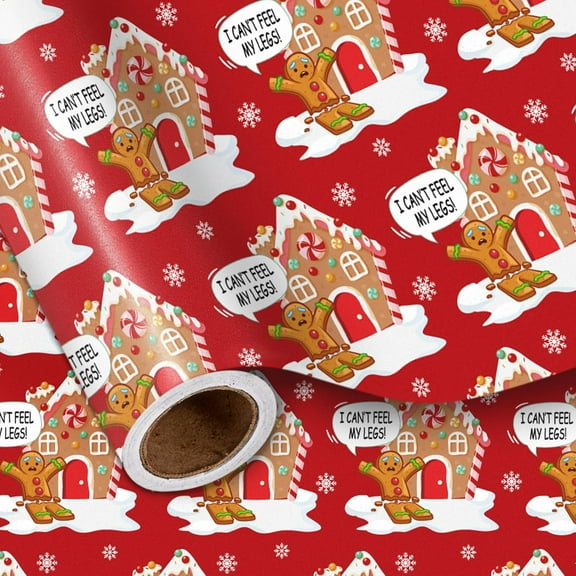 WarmHaven Gingerbread House Wrapping Paper Roll for Kids Adult, Funny Gingerbread Men I CAN'T FEEL MY LEGS! Speech Bubble Festive Christmas Design, for Family Gatherings, Mini Roll 17 in x 16.4 Ft