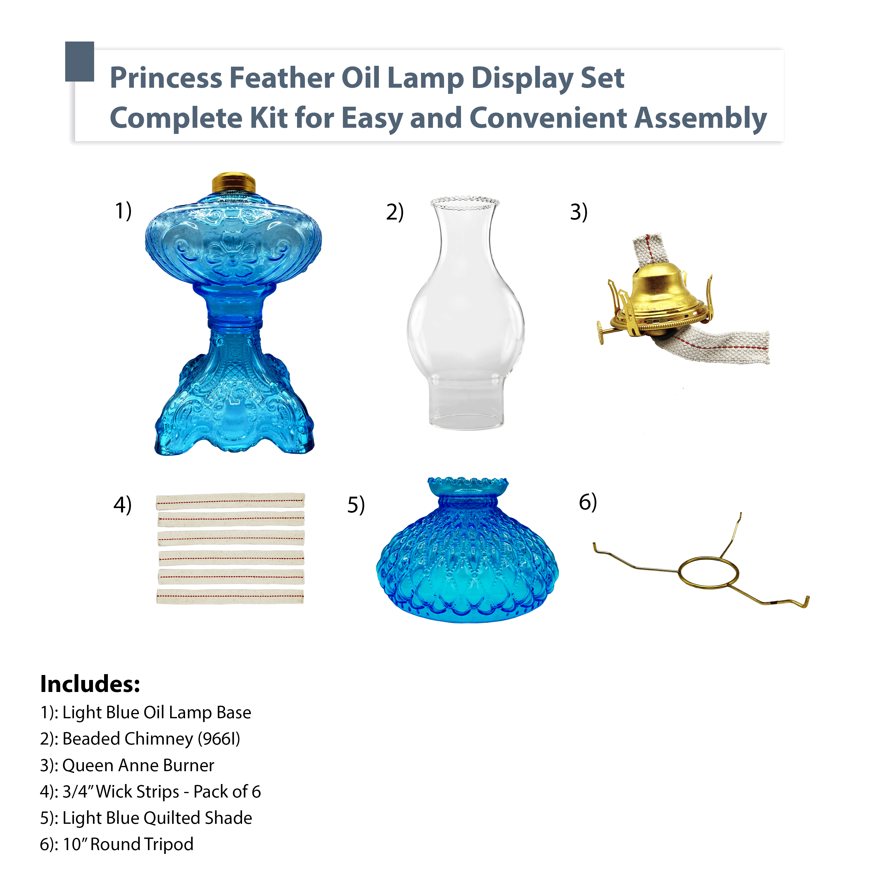 Light Of Mine Princess Feather Oil Lamp Ornate Decorative Antique Pedestal Style Glass Oil Hurricane Lamp Clear with 3/4" Wick roll Lt Blue 10" Shade