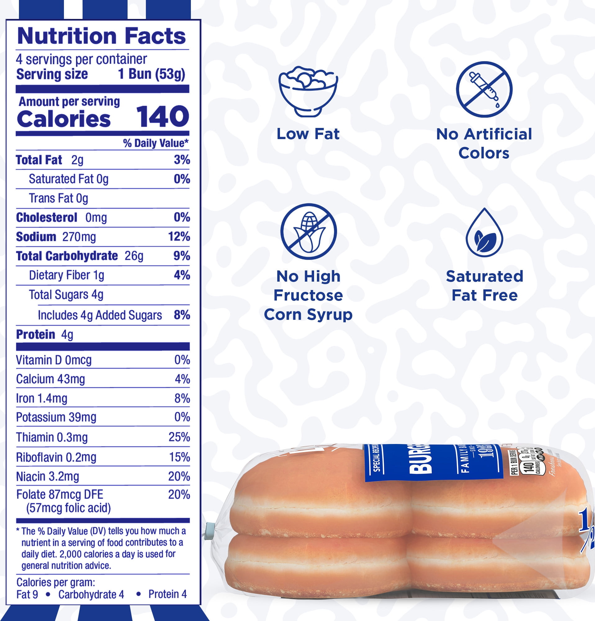 Lewis Bake Shop White Half Pack Burger Buns, 7.5 oz, 4 Count