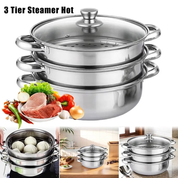 Soapow 3 Tier Steamer Hot Pot Stainless Steel Cooker Food Steam Cooking Meat Vegetable Steaming Basket Kitchen Cookware Pan with Glass Lid