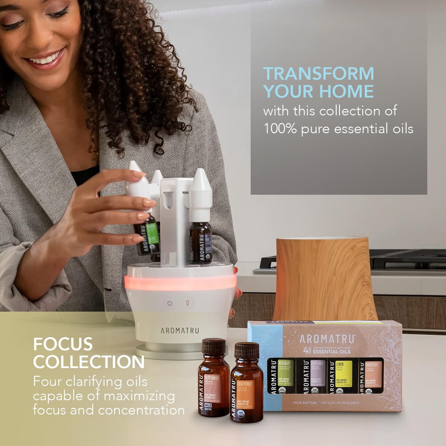 Aromatru Focus Essential Oil Kit with Plug-In Diffuser, 2 fl oz, 4 Count