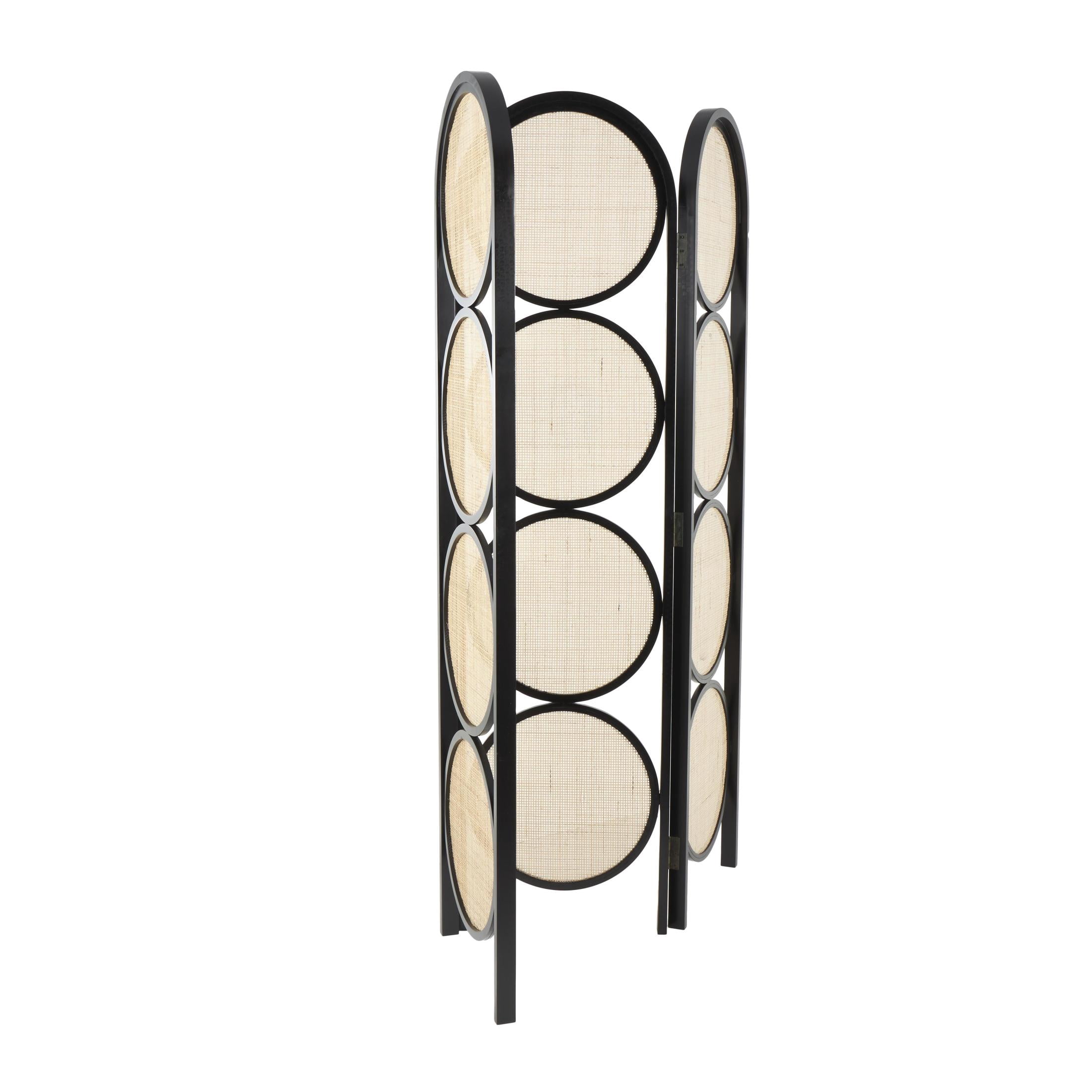 DecMode 55" x 71" Black Wooden Geometric Handmade Arched Foldable 3 Panel Room Divider Screen with Woven Cutouts, 1-Piece