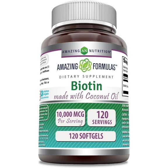 Amazing Formulas Biotin 10000mcg with Extra Virgin Natural Coconut Oil 120 Softgels | Non-GMO | Gluten Free |