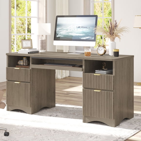 Bestier 59" Computer Home Office PC Desk with Keyboard Tray and Storage Drawers, Gray Wash