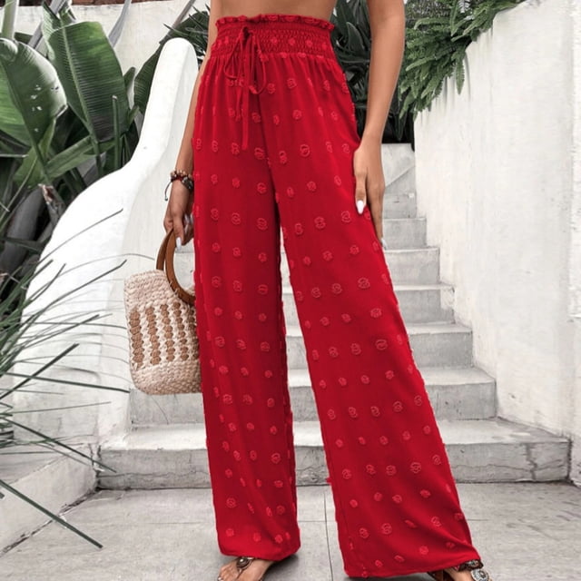 Pantalones Pantalones largos casuales para mujer, cómodos pantalones palazzo, pantalones elásticos de cintura alta para desplazamientos Cgtredaw Rojo T S para Mujer