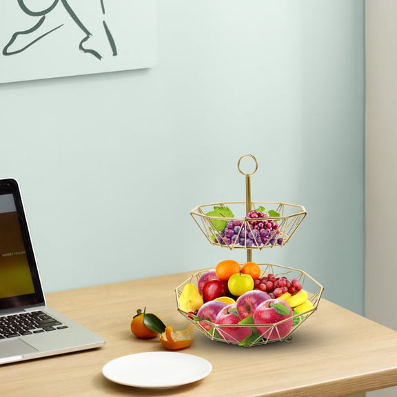 UPOUART Golden 2 Tier Fruit Basket for Home Countertop Fruit Storage and Snacks