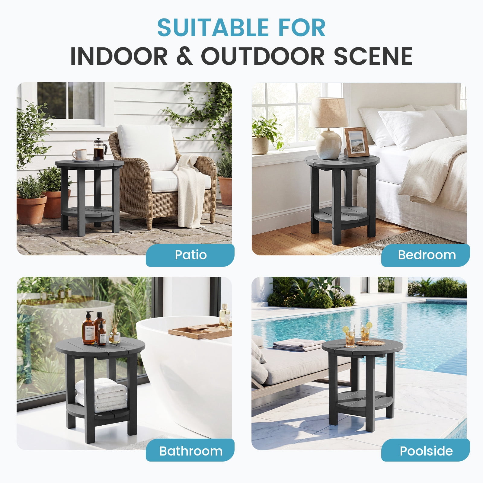 FUNDAZE 2-Tier Round HDPE Patio Side Table, End Tables For Living Room, Waterproof Indoor & Outdoor Small Table for Poolside, Garden, Gray
