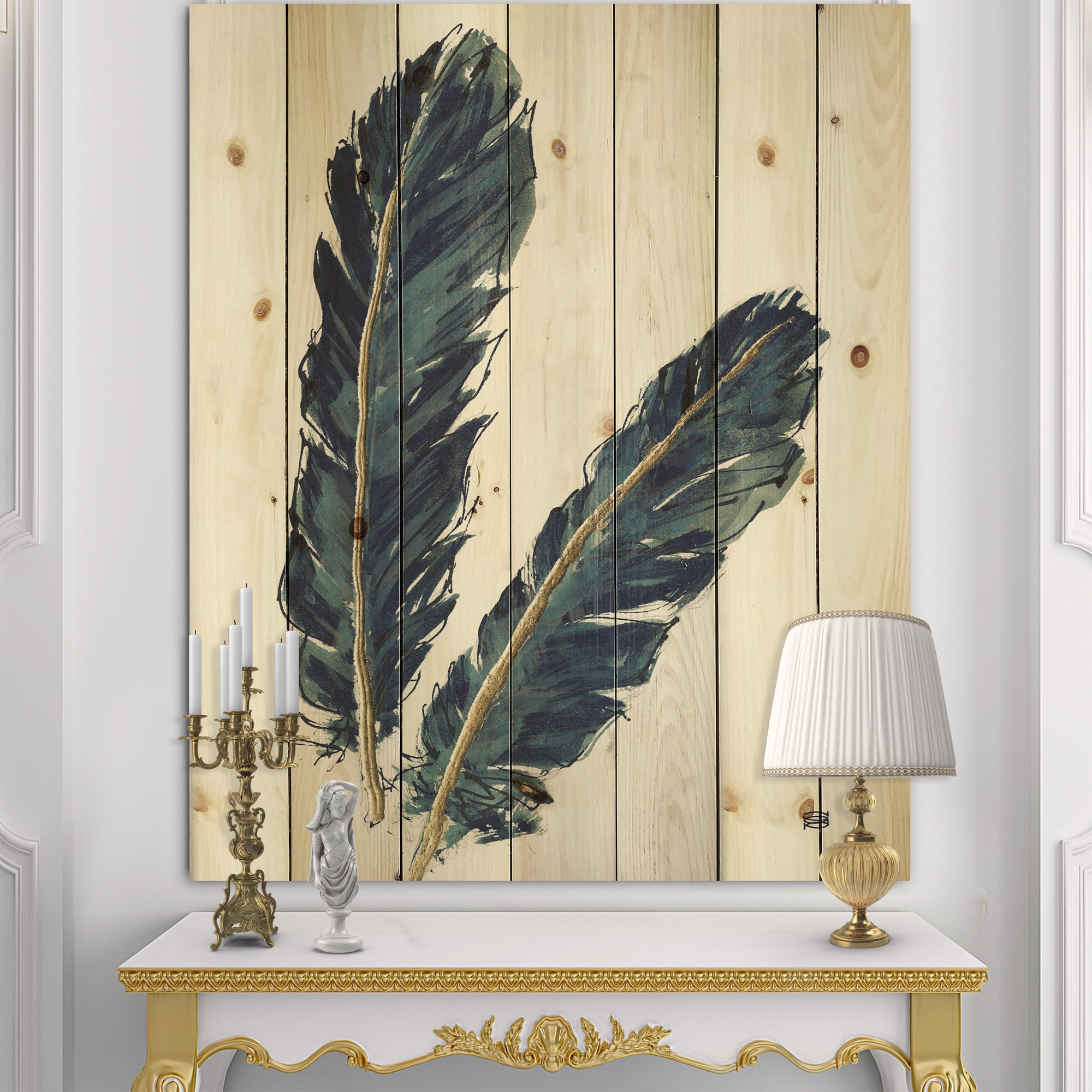Designart 'Gold Indigo Feathers IV' Modern Bohemian Print on Natural Pine Wood