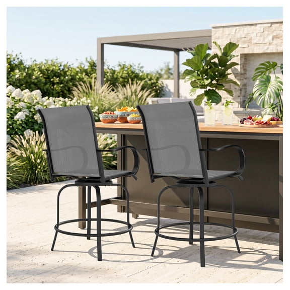 Outdoor Bar Stools Set of 2, 360° Swivel Bar Height Chairs, Patio Furniture with Arms & Footrest, 26.75" x 29.5" x 48.5", Gray