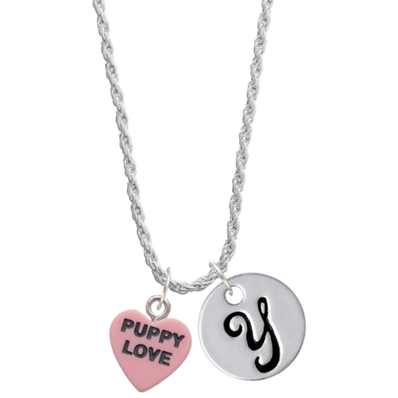 Delight Jewelry Acrylic Pink "Puppy Love / Take a Walk" Heart Silvertone Script Initial Disc - Y - Charm Necklace, 20"+3"