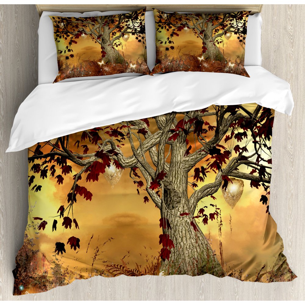 Tree Duvet Cover Set, Lonely Tree Themed Composition with Ornamentation in Earthy Color Tones